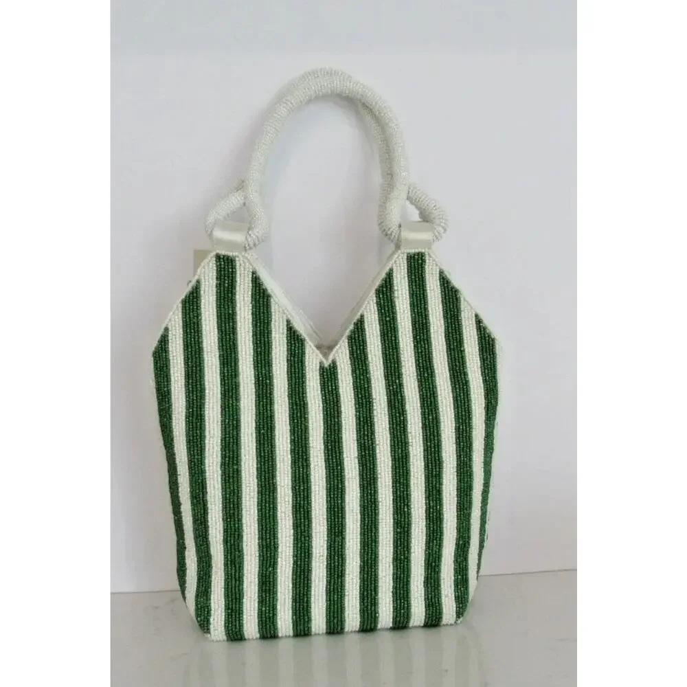 NWT Handcrafted in India Martini Beaded Bag Green & white Striped Tik Tok Viral - Picture 3 of 8